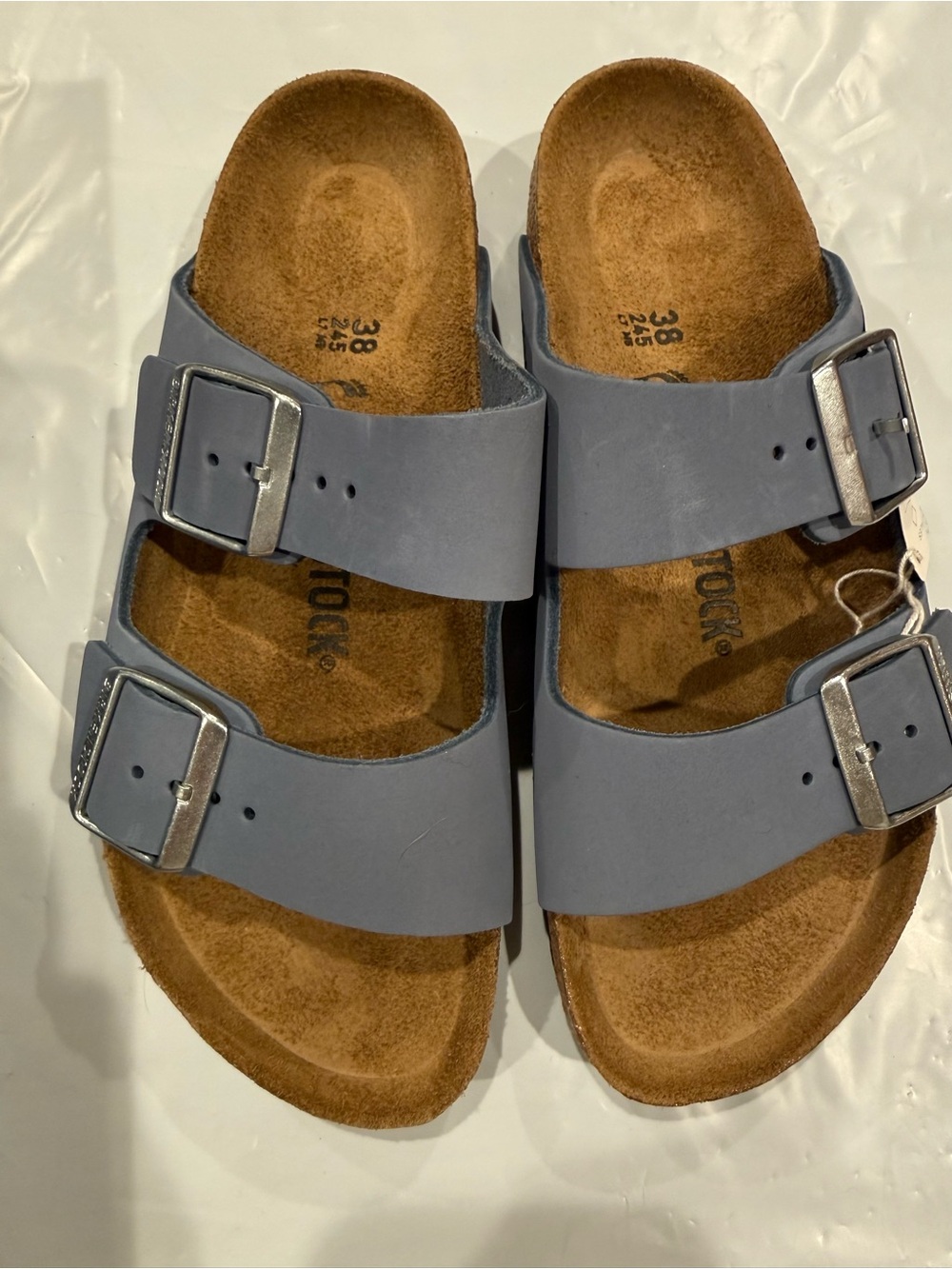 Birkenstock Arizona Two-Strap blue Sandals with Silver Buckles size 38